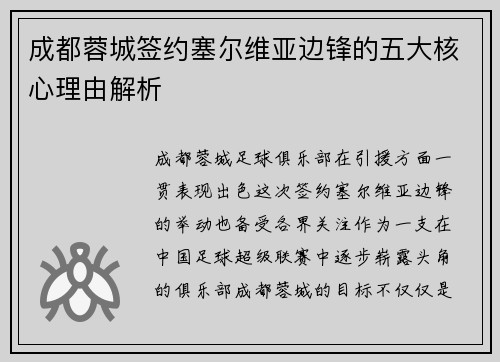 成都蓉城签约塞尔维亚边锋的五大核心理由解析