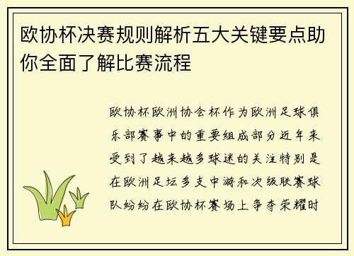 欧协杯决赛规则解析五大关键要点助你全面了解比赛流程