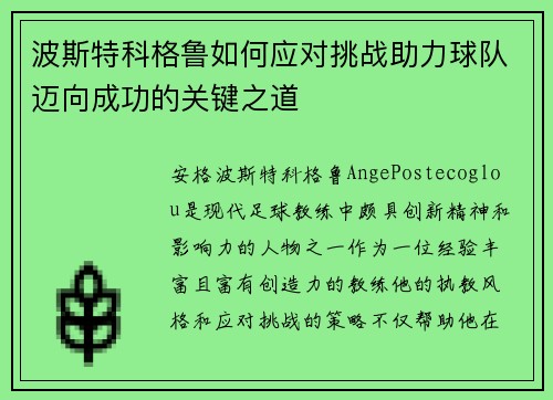 波斯特科格鲁如何应对挑战助力球队迈向成功的关键之道
