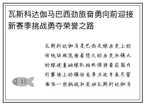 瓦斯科达伽马巴西劲旅奋勇向前迎接新赛季挑战勇夺荣誉之路
