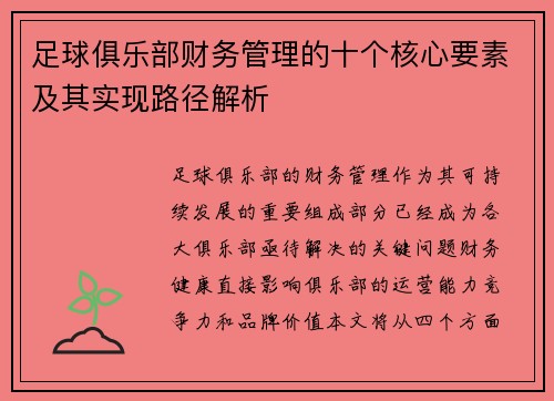 足球俱乐部财务管理的十个核心要素及其实现路径解析